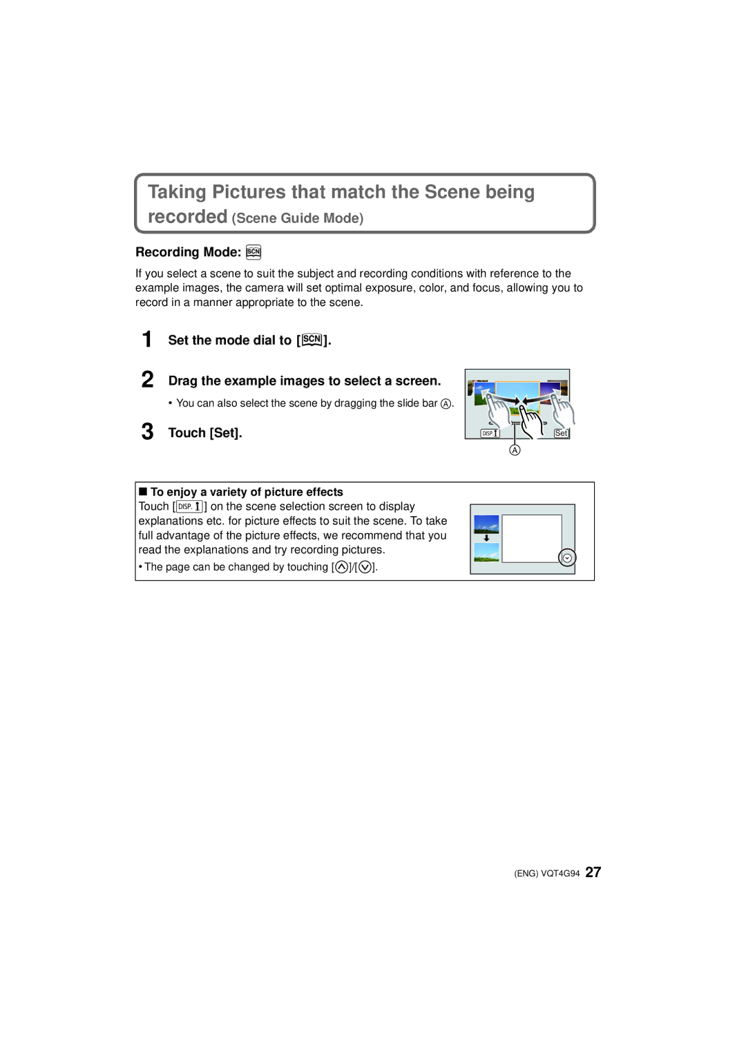 Panasonic DMC-G5K, DMC-G5-K, DMC-G5X owner manual Taking Pictures that match the Scene being, Set the mode dial to, Touch Set 