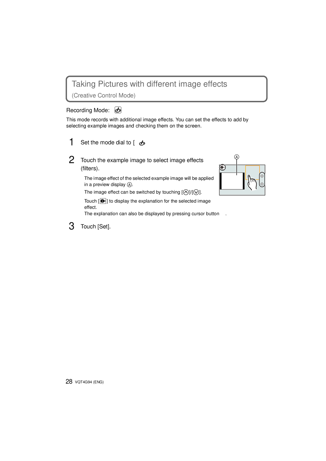 Panasonic DMC-G5-K, DMC-G5X, DMC-G5K owner manual Taking Pictures with different image effects, Creative Control Mode 