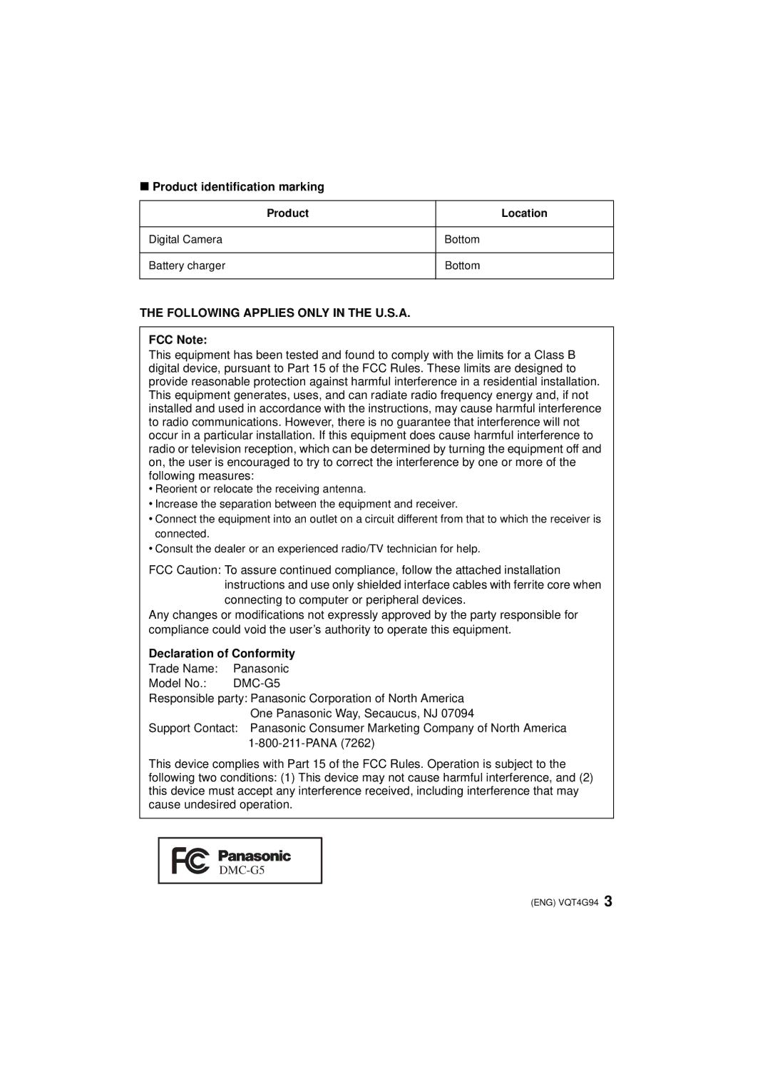 Panasonic DMC-G5K, DMC-G5-K, DMC-G5X owner manual Product identification marking, FCC Note, Declaration of Conformity 