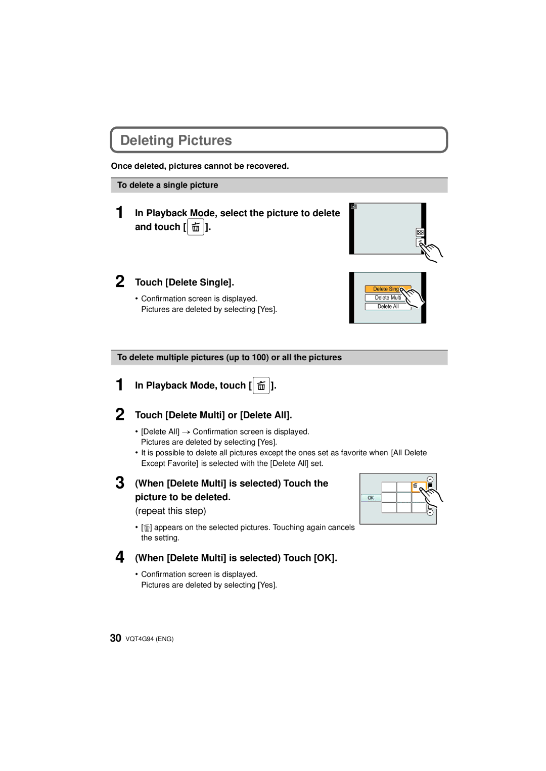 Panasonic DMC-G5X, DMC-G5-K, DMC-G5K owner manual Deleting Pictures, Playback Mode, touch Touch Delete Multi or Delete All 