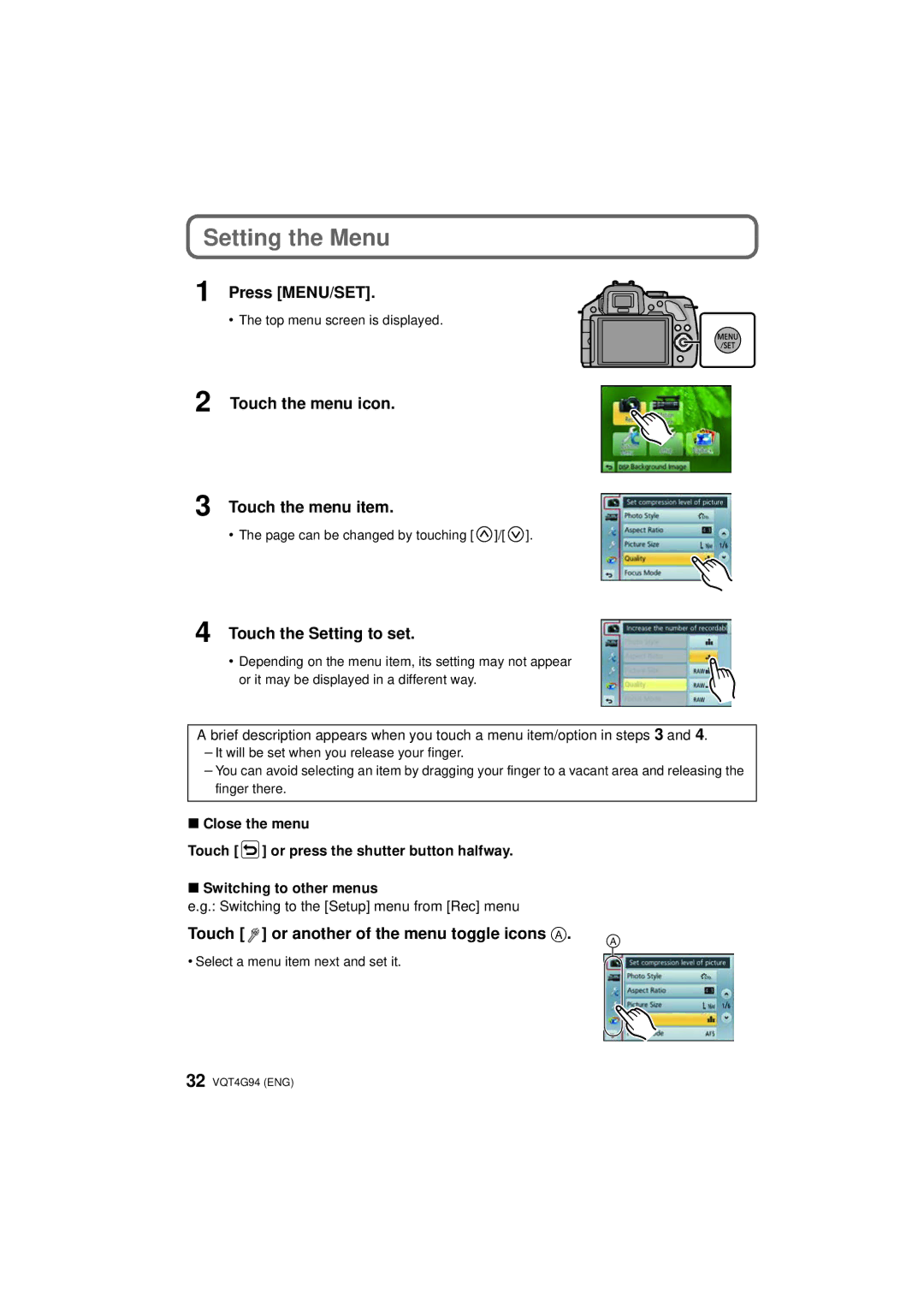 Panasonic DMC-G5 Setting the Menu, Press MENU/SET, Touch the menu icon Touch the menu item, Touch the Setting to set 