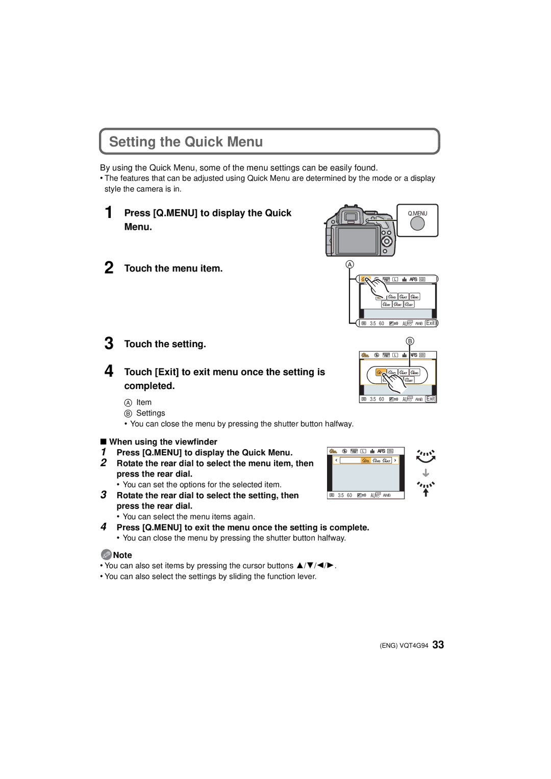 Panasonic DMC-G5-K, DMC-G5X Setting the Quick Menu, Press the rear dial, Rotate the rear dial to select the setting, then 