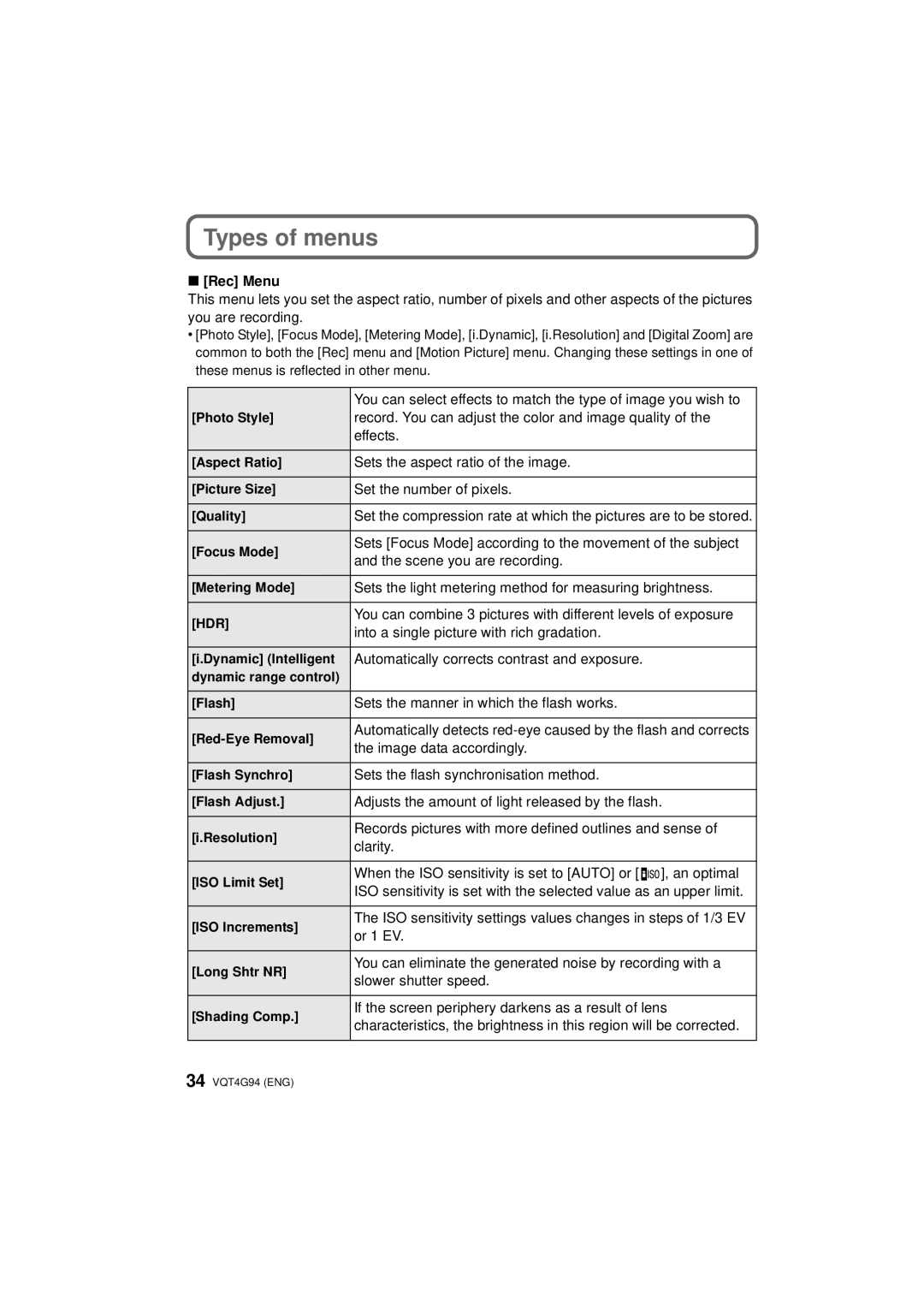 Panasonic DMC-G5X, DMC-G5-K, DMC-G5K owner manual Types of menus, Rec Menu 