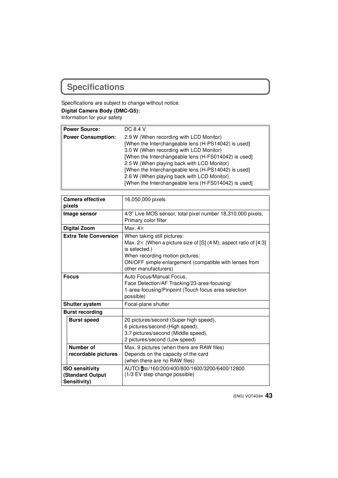 Panasonic DMC-G5K, DMC-G5-K, DMC-G5X owner manual Specifications 