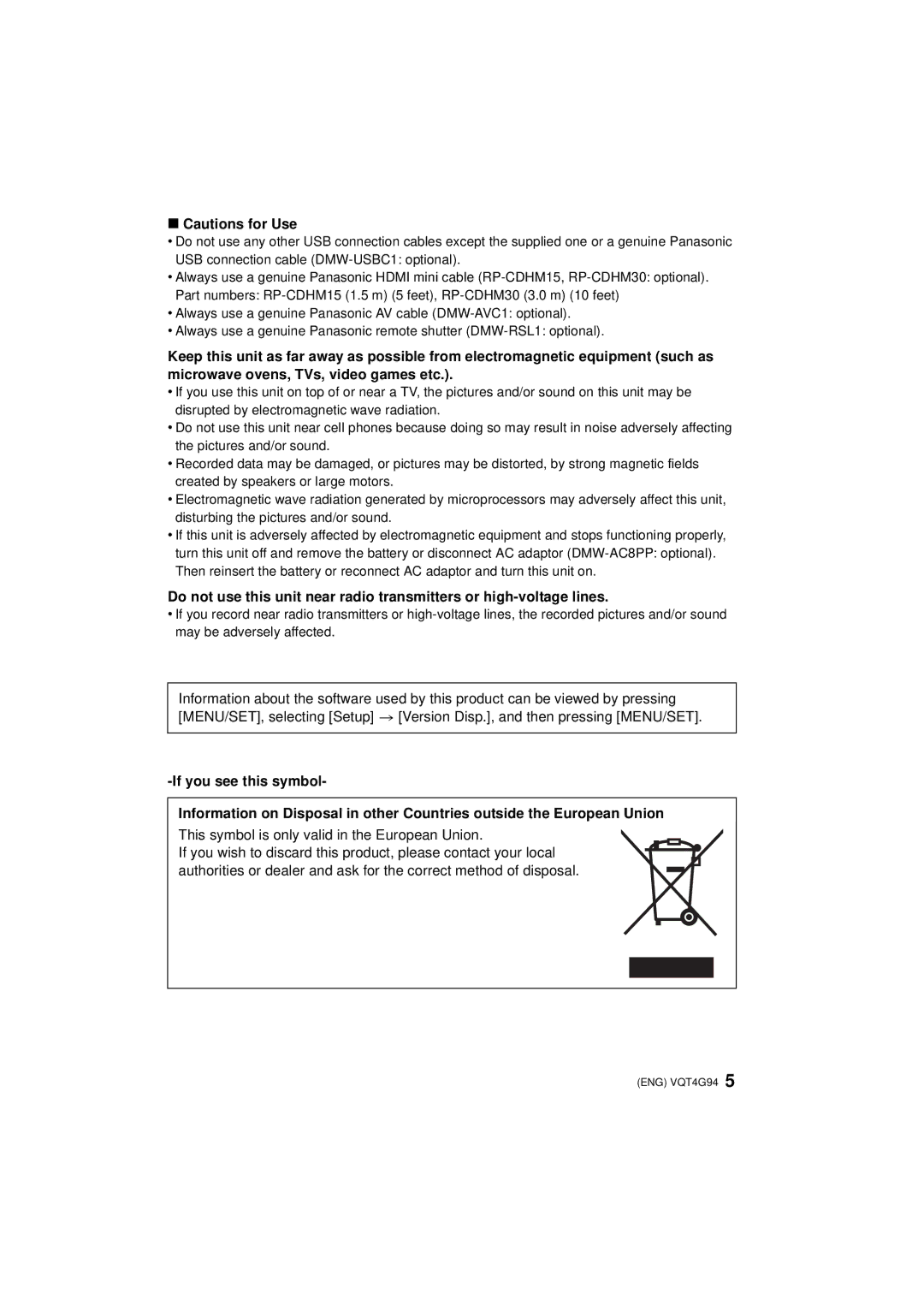 Panasonic DMC-G5-K, DMC-G5X, DMC-G5K owner manual This symbol is only valid in the European Union 