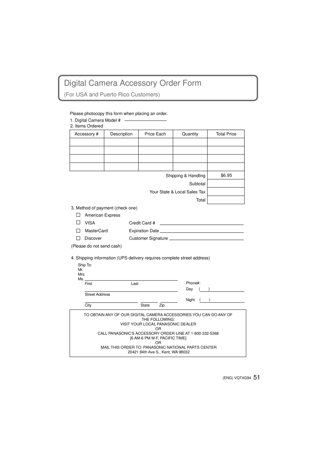 Panasonic DMC-G5K, DMC-G5-K, DMC-G5X owner manual Digital Camera Accessory Order Form, For USA and Puerto Rico Customers 