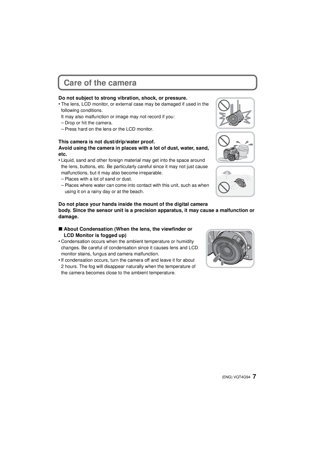 Panasonic DMC-G5K, DMC-G5-K, DMC-G5X owner manual Care of the camera, Do not subject to strong vibration, shock, or pressure 