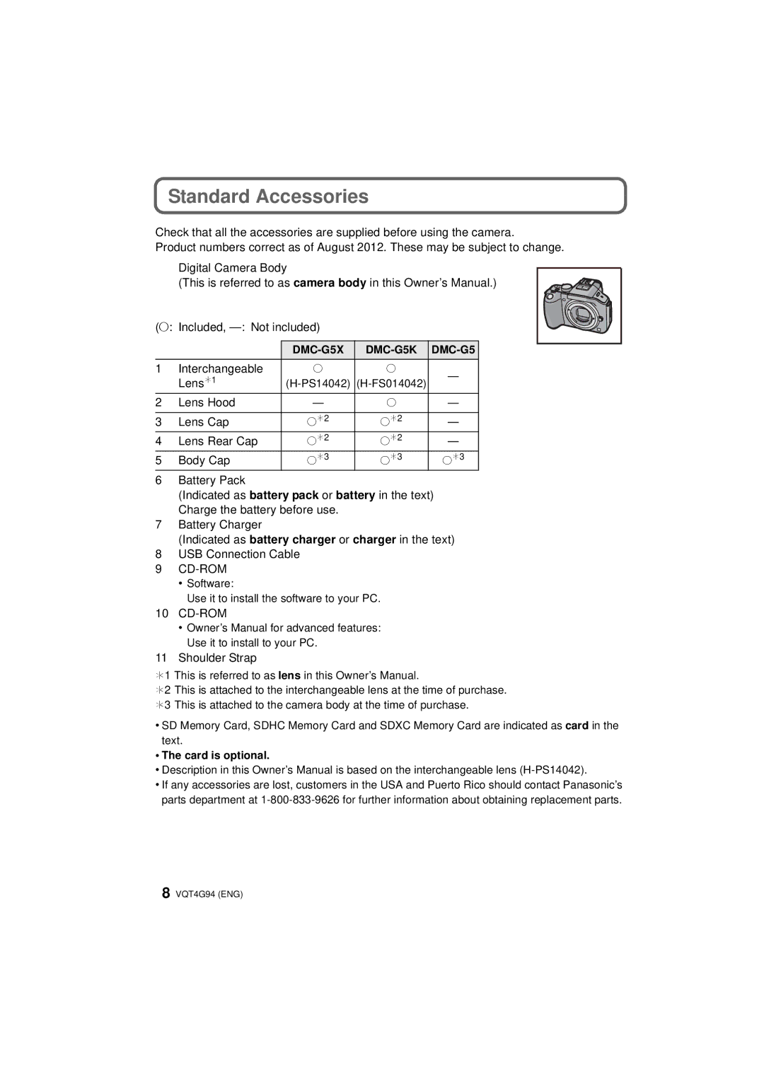 Panasonic DMC-G5-K, DMC-G5X, DMC-G5K owner manual Standard Accessories 