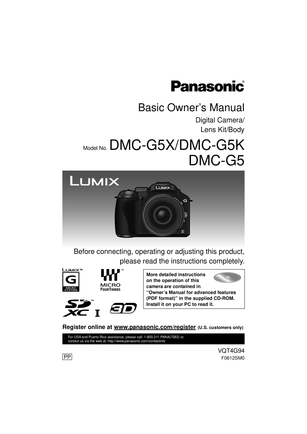 Panasonic DMC-G5-K owner manual Model No. DMC-G5X/DMC-G5K DMC-G5, Basic Owner’s Manual, Digital Camera Lens Kit/Body 