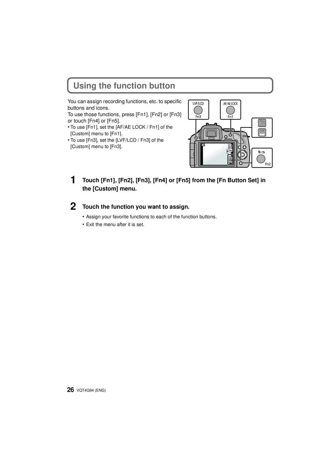 Panasonic DMC-G5X, DMC-G5-K, DMC-G5K owner manual Using the function button, Touch the function you want to assign 