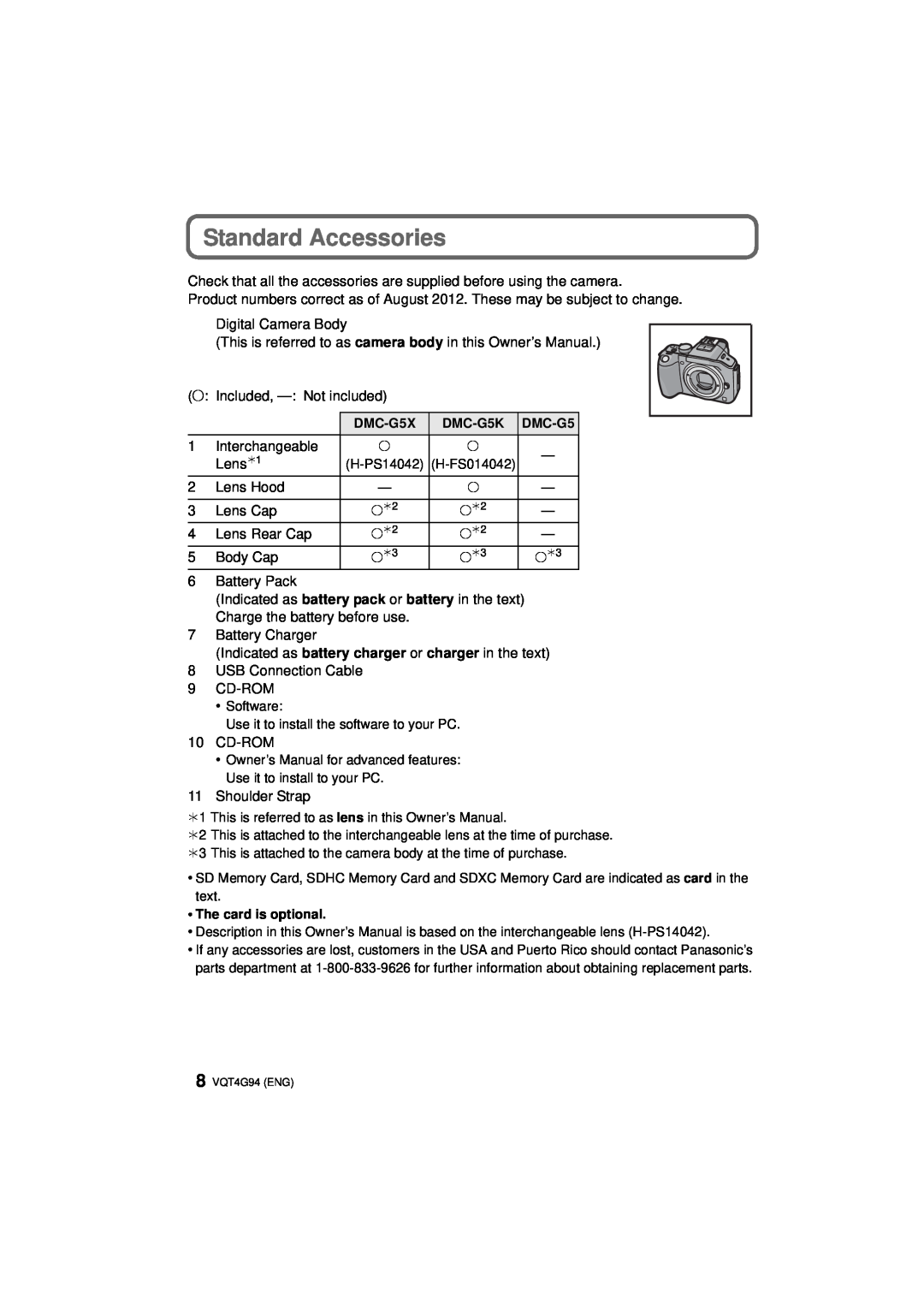 Panasonic DMC-G5-K, DMC-G5X, DMC-G5K owner manual Standard Accessories 