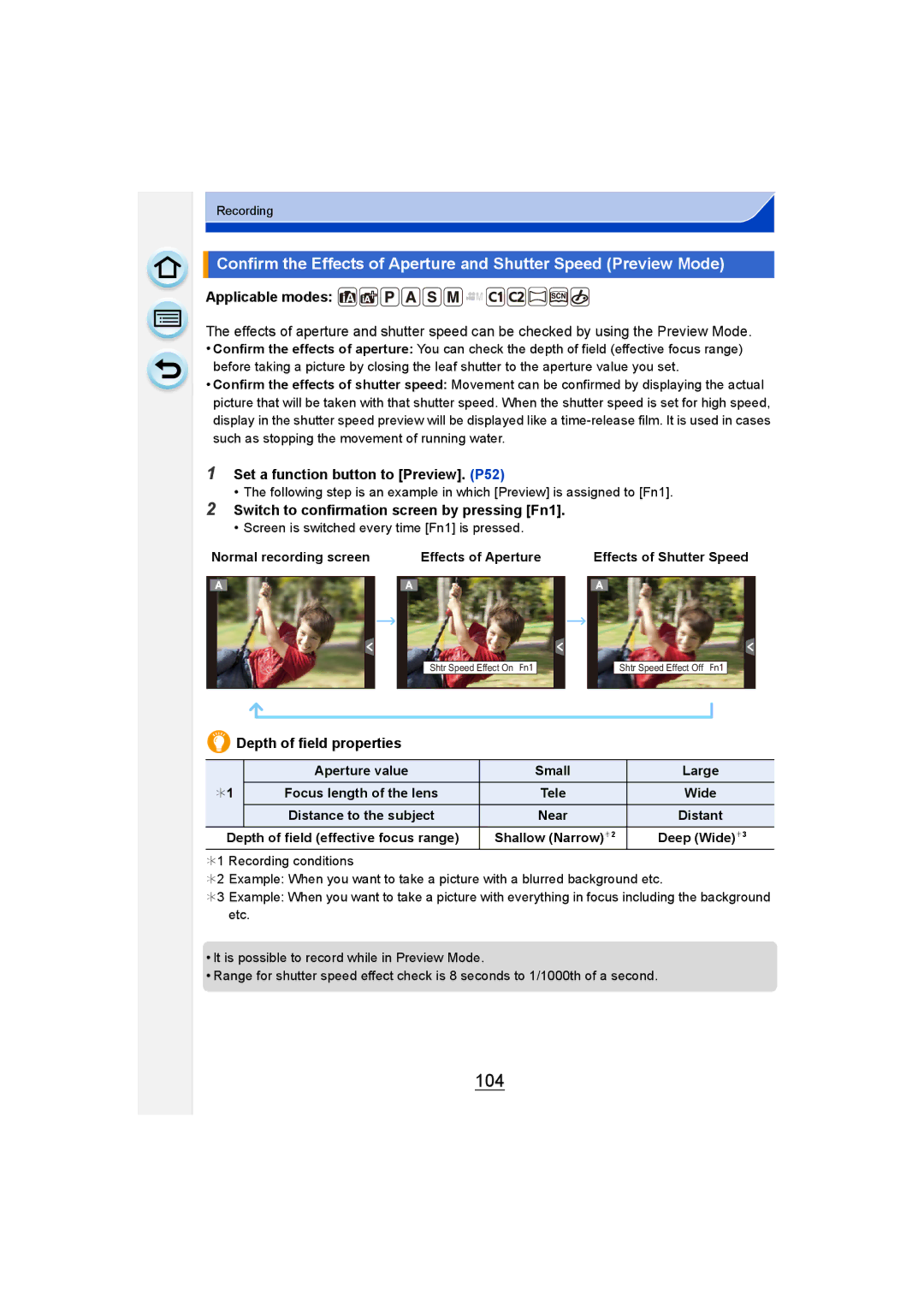 Panasonic DMC-G6 owner manual 104, Set a function button to Preview. P52, Switch to confirmation screen by pressing Fn1 