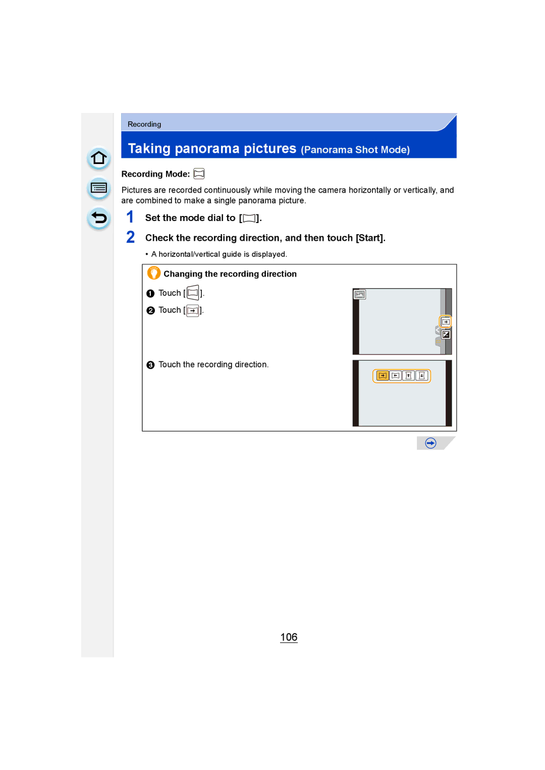 Panasonic DMC-G6 Taking panorama pictures Panorama Shot Mode, 106, Set the mode dial to, Changing the recording direction 