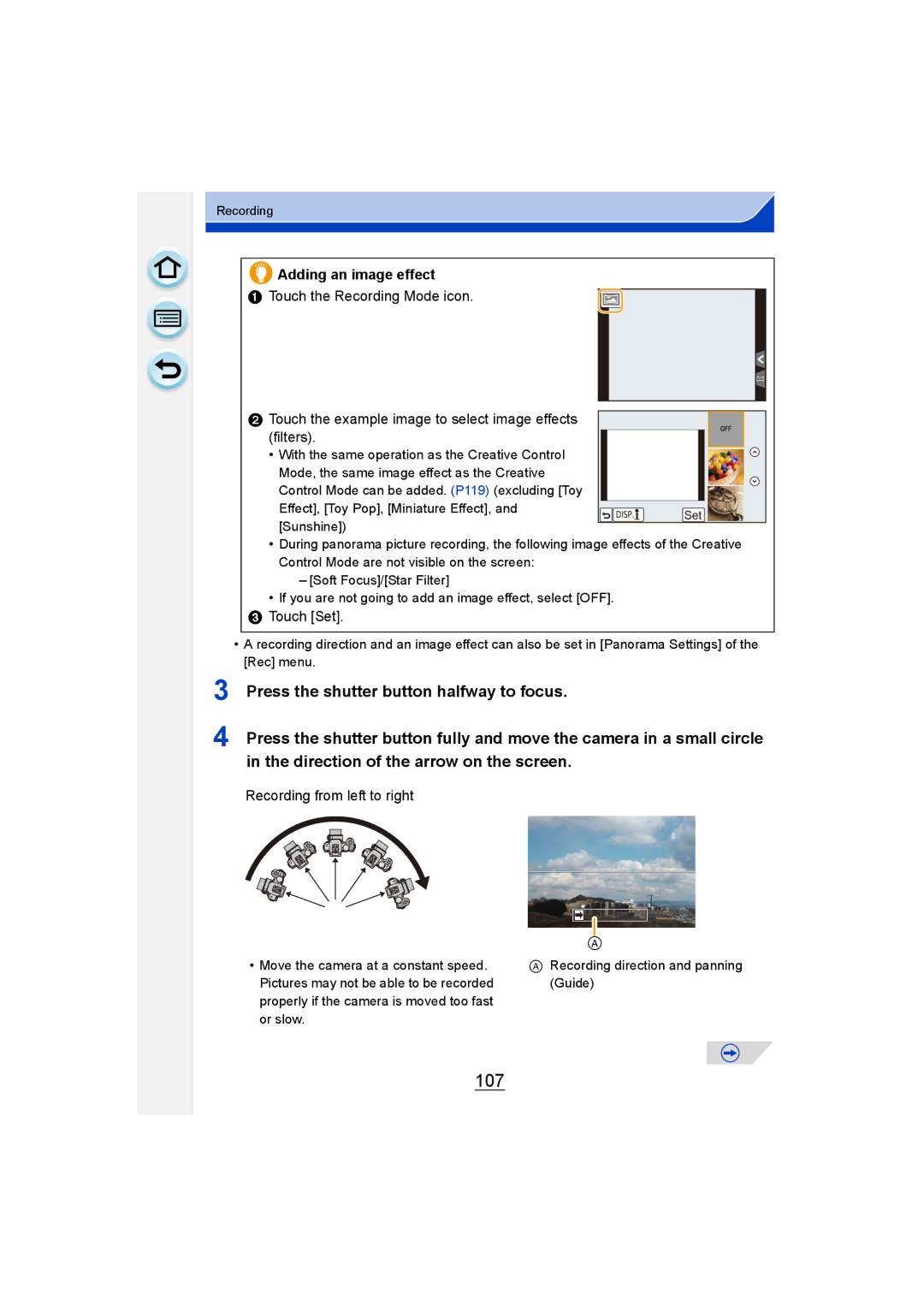 Panasonic DMC-G6 owner manual 107, Adding an image effect, Touch Set, Recording from left to right 