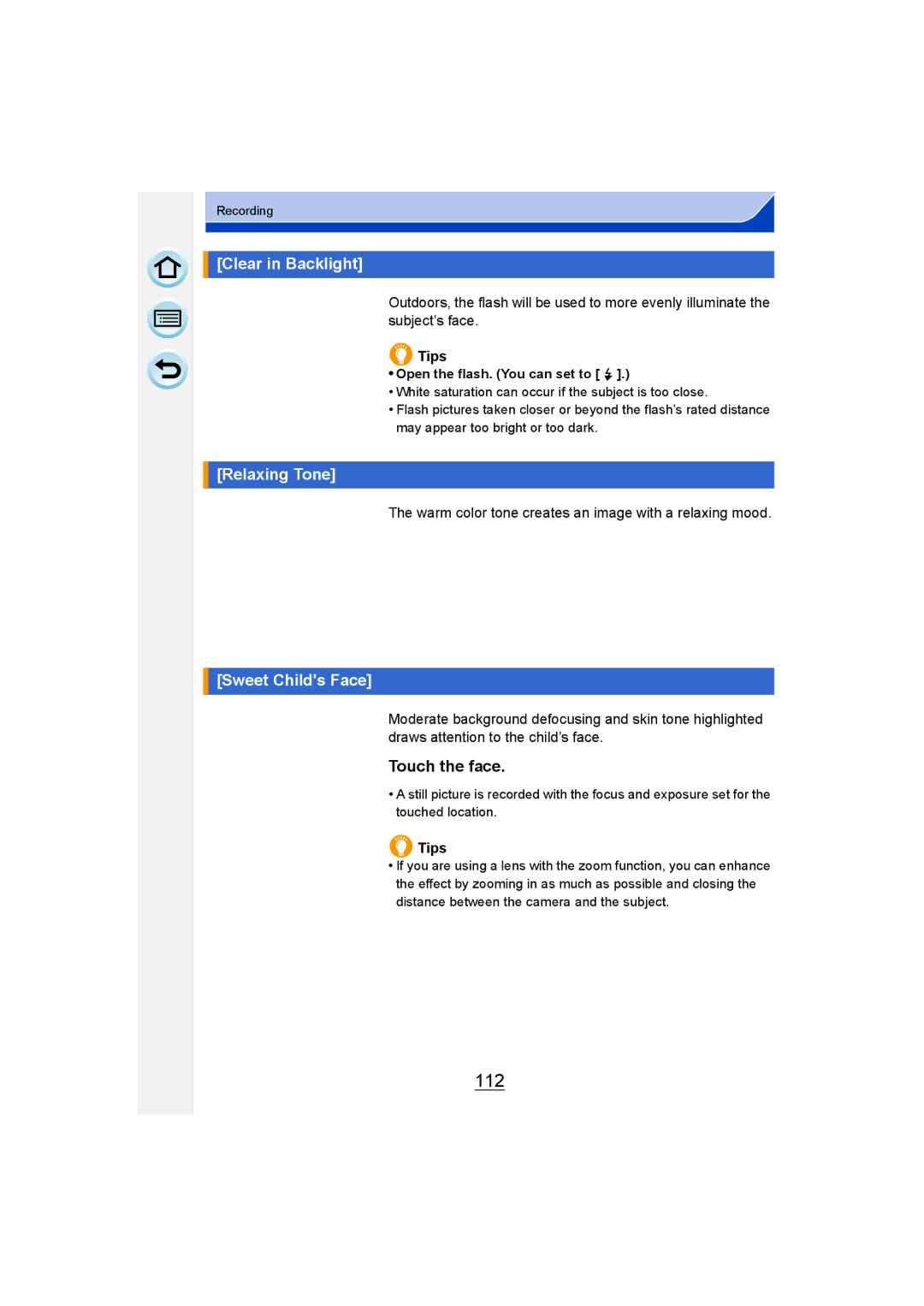 Panasonic DMC-G6 owner manual 112, Clear in Backlight, Relaxing Tone, Sweet Childs Face, Touch the face 