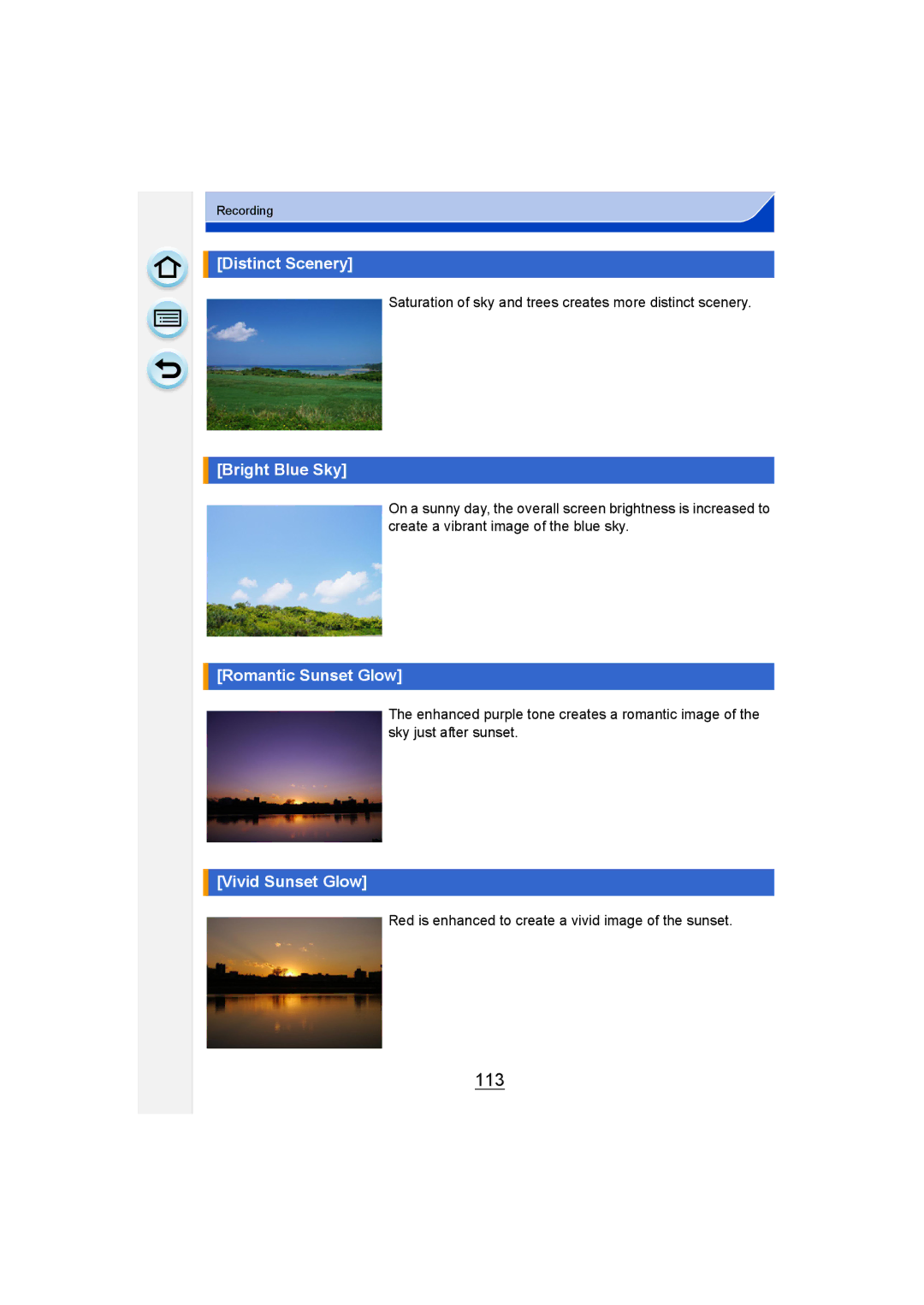 Panasonic DMC-G6 owner manual 113, Distinct Scenery, Bright Blue Sky, Romantic Sunset Glow, Vivid Sunset Glow 