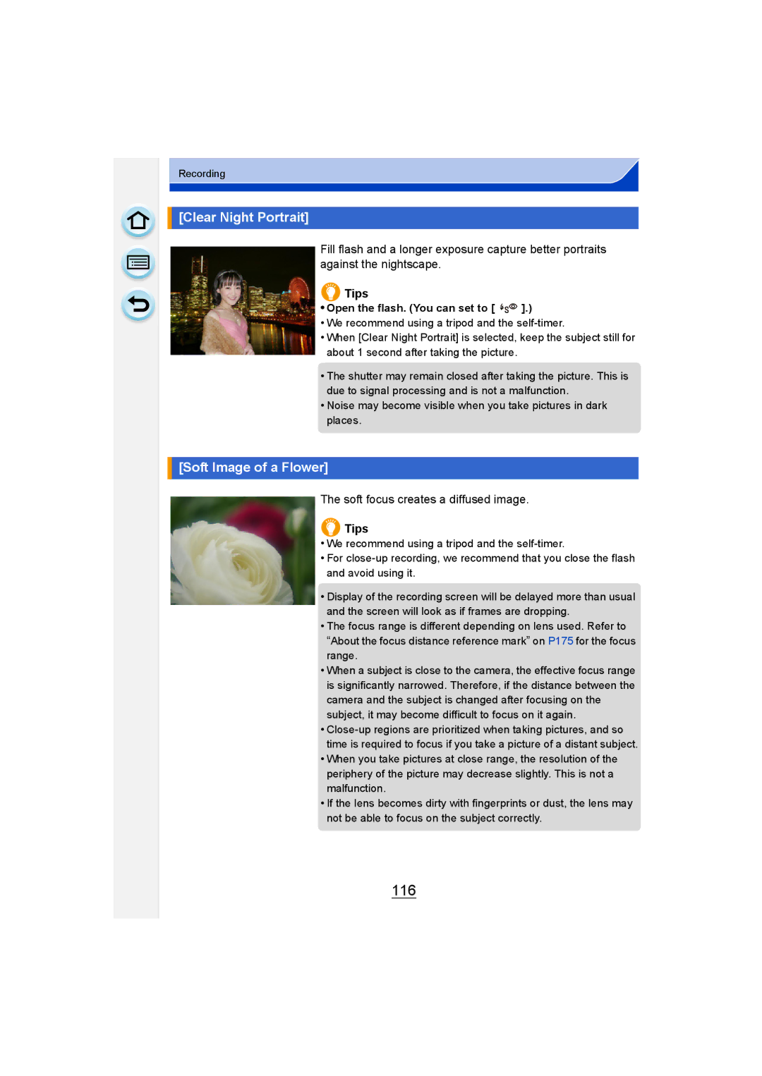 Panasonic DMC-G6 owner manual 116, Clear Night Portrait, Soft Image of a Flower, Soft focus creates a diffused image 