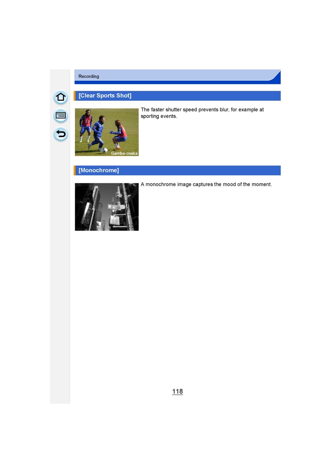 Panasonic DMC-G6 owner manual 118, Clear Sports Shot, Monochrome image captures the mood of the moment 