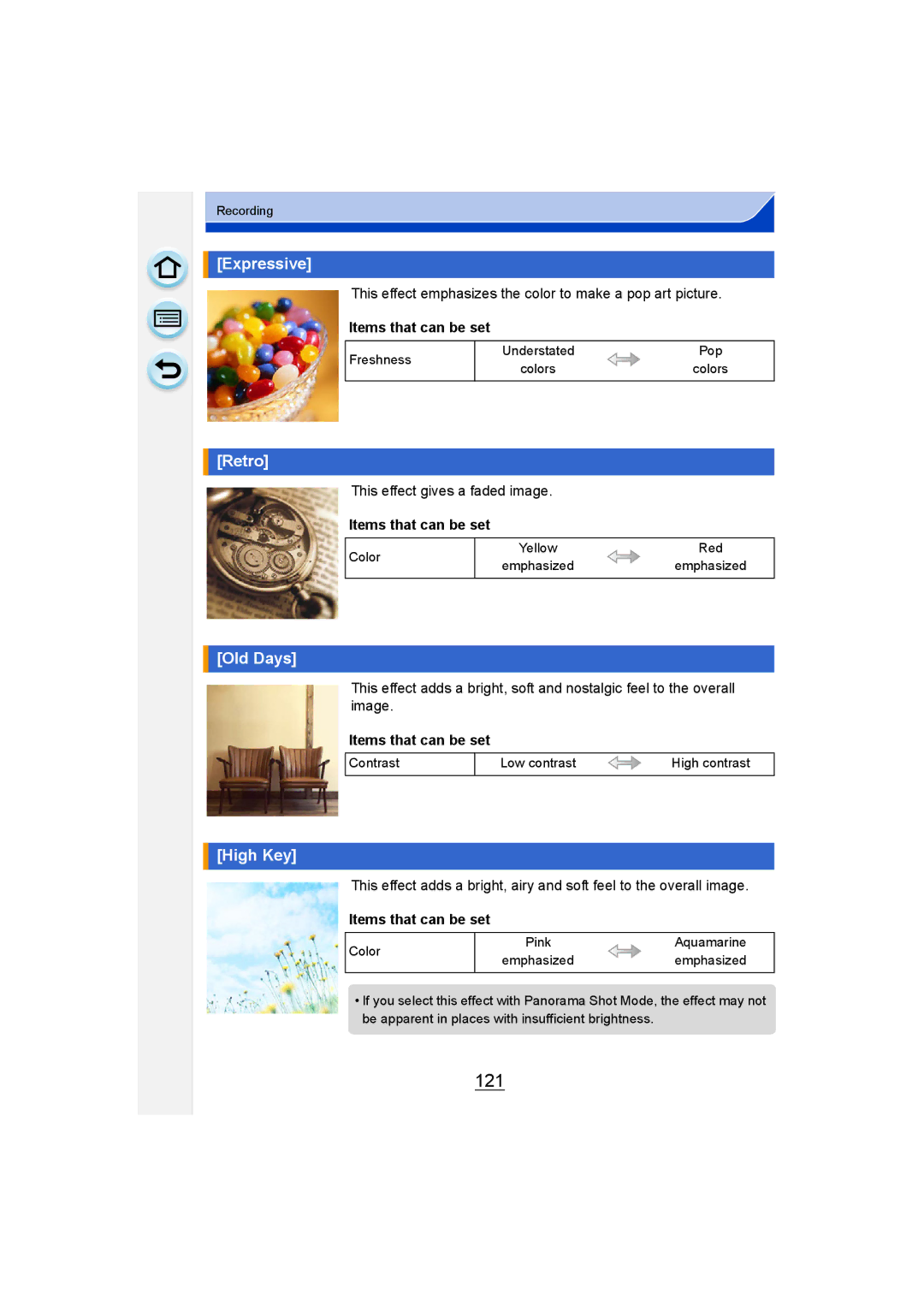 Panasonic DMC-G6 owner manual 121, Expressive, Retro, Old Days, High Key 