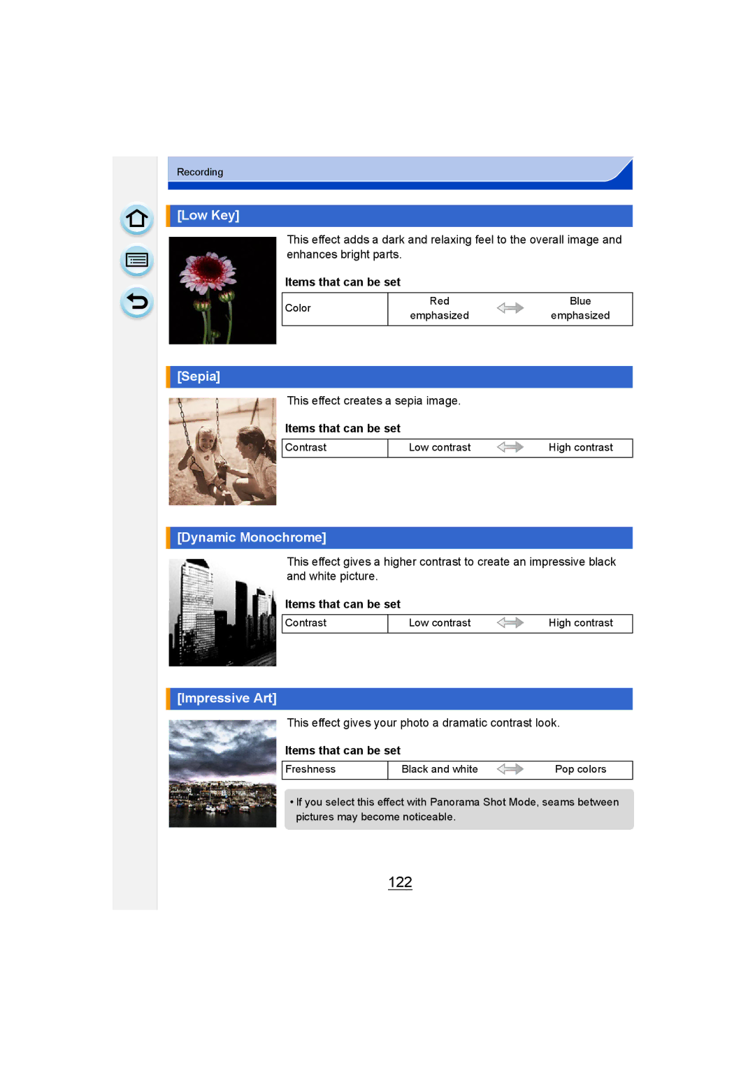 Panasonic DMC-G6 owner manual 122, Low Key, Sepia, Dynamic Monochrome, Impressive Art 