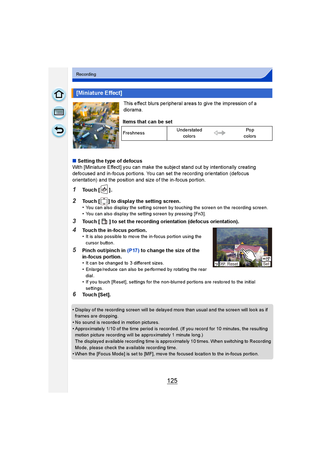 Panasonic DMC-G6 owner manual 125, Miniature Effect, Setting the type of defocus, It can be changed to 3 different sizes 