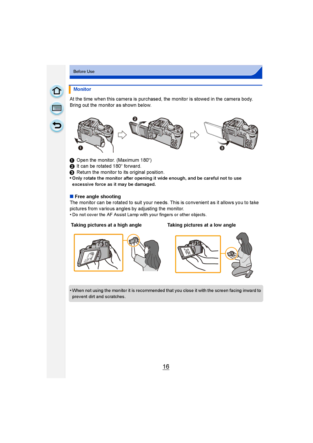 Panasonic DMC-G6 owner manual Monitor, Free angle shooting, Taking pictures at a high angle, Taking pictures at a low angle 