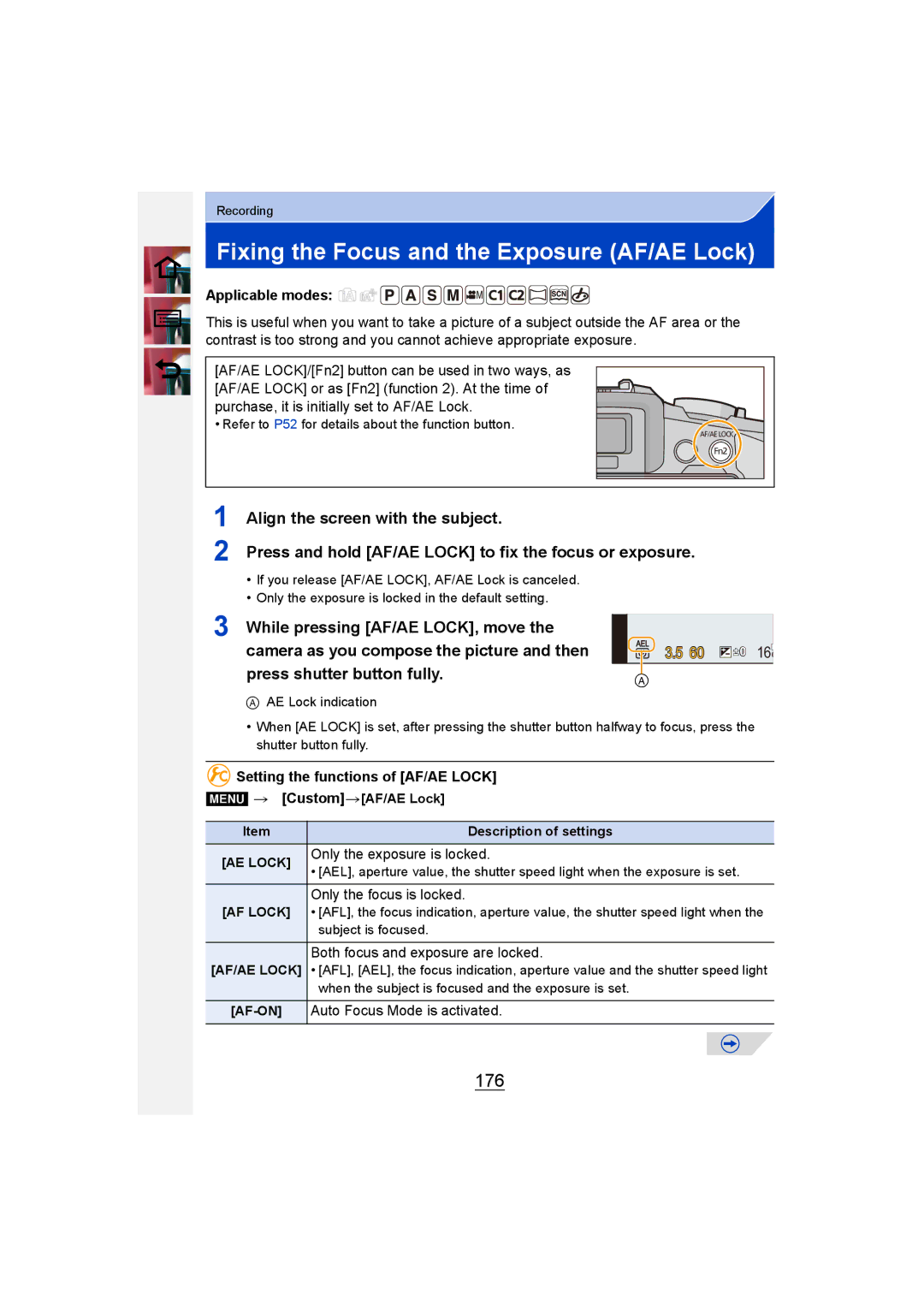 Panasonic DMC-G6 owner manual Fixing the Focus and the Exposure AF/AE Lock, 176, While pressing AF/AE LOCK, move 