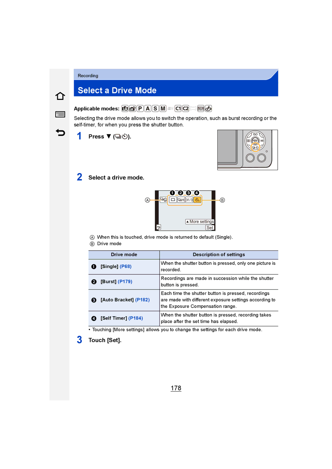 Panasonic DMC-G6 owner manual Select a Drive Mode, 178, Press Select a drive mode 