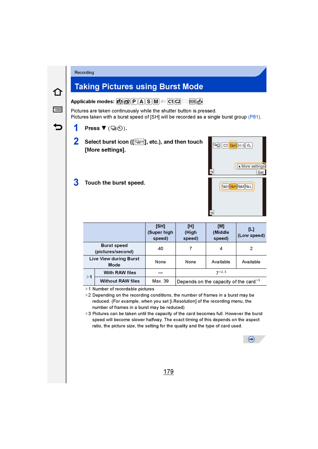 Panasonic DMC-G6 owner manual Taking Pictures using Burst Mode, 179, Depends on the capacity of the card¢3 