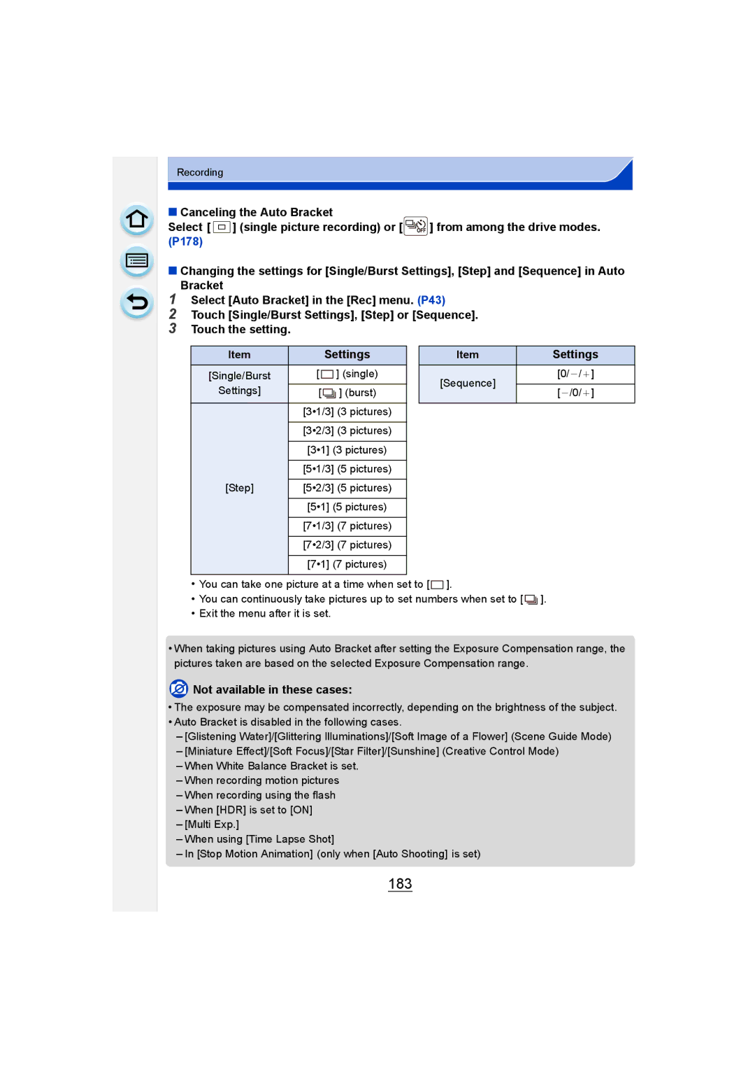 Panasonic DMC-G6 owner manual 183, Settings Burst `/0 