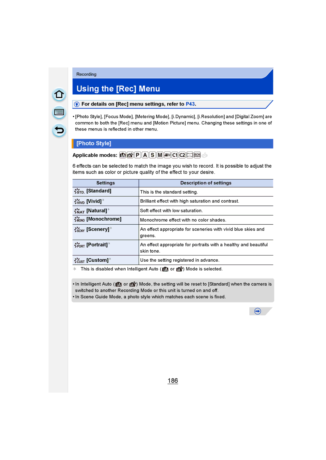 Panasonic DMC-G6 owner manual Using the Rec Menu, 186, Photo Style 