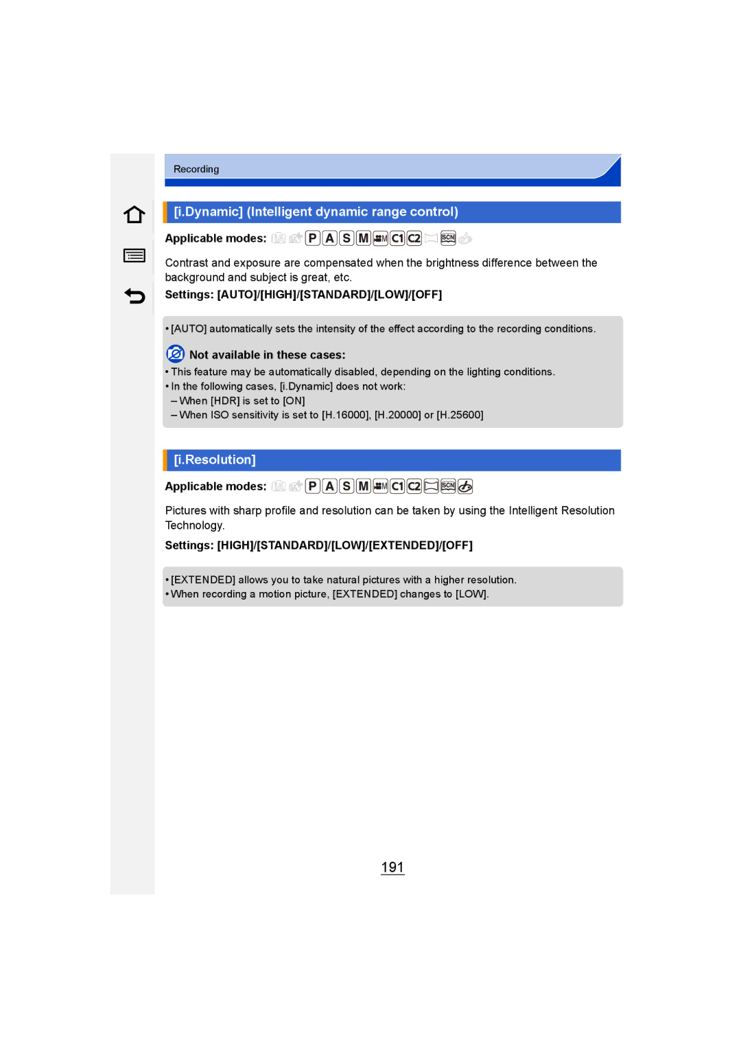 Panasonic DMC-G6 191, Dynamic Intelligent dynamic range control, Resolution, Settings AUTO/HIGH/STANDARD/LOW/OFF 