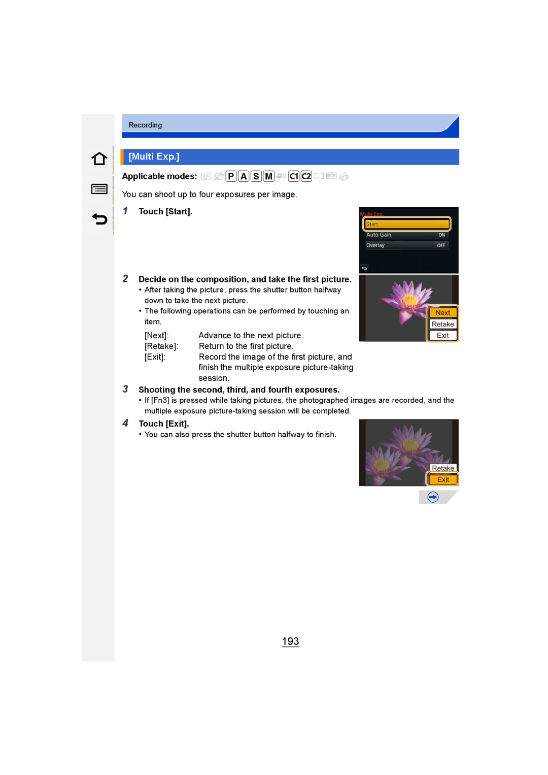 Panasonic DMC-G6 owner manual 193, Multi Exp, You can shoot up to four exposures per image, Session 