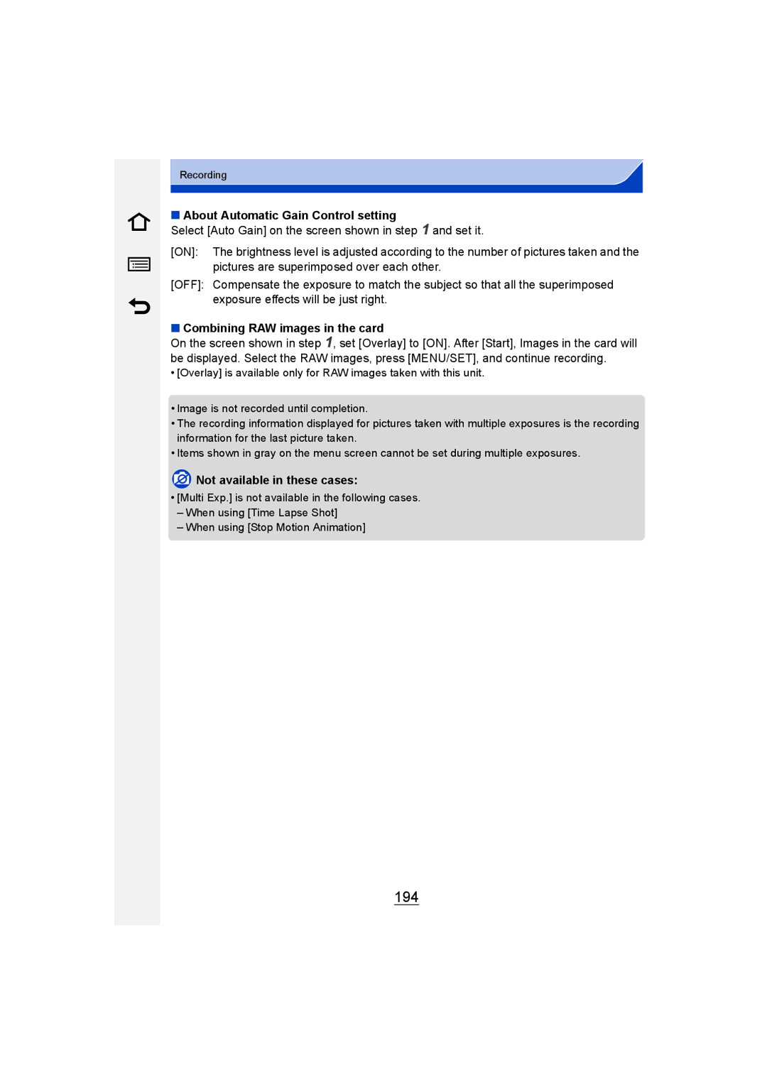 Panasonic DMC-G6 owner manual 194, About Automatic Gain Control setting, Combining RAW images in the card 