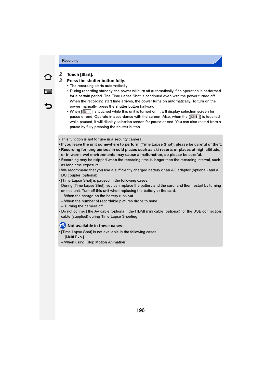 Panasonic DMC-G6 owner manual 196, Touch Start Press the shutter button fully 