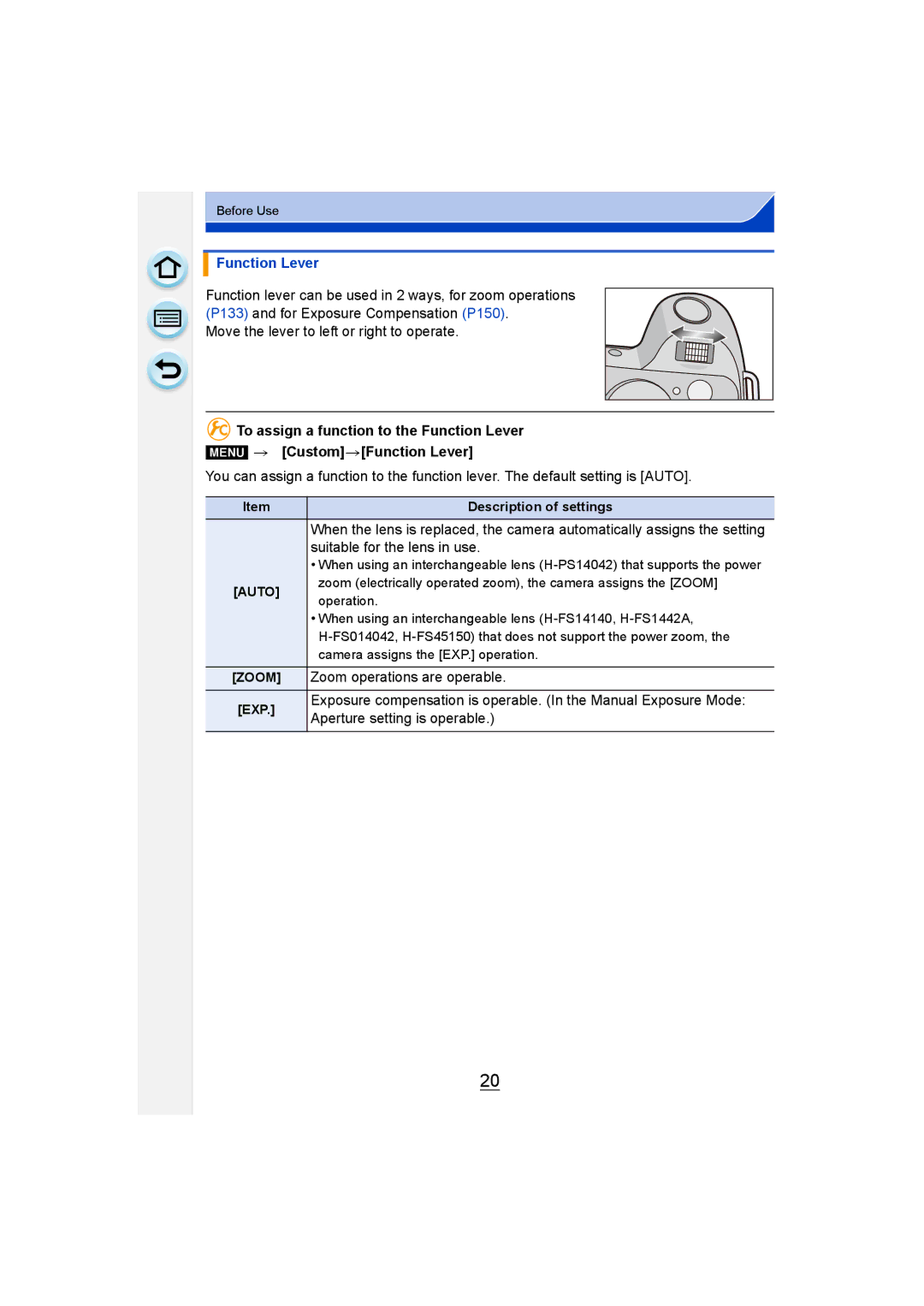 Panasonic DMC-G6 owner manual Function Lever, Move the lever to left or right to operate, Zoom operations are operable 