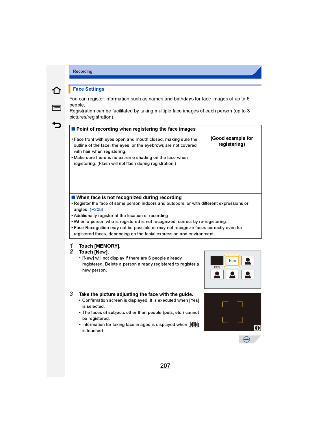 Panasonic DMC-G6 207, Face Settings, Point of recording when registering the face images, Touch Memory Touch New 