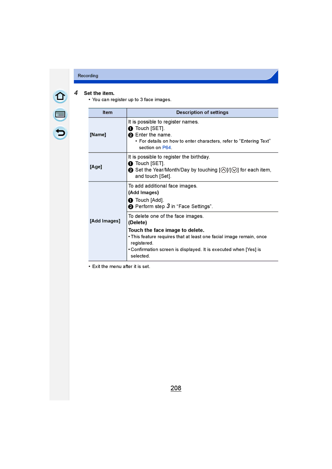 Panasonic DMC-G6 owner manual 208, Set the item, Touch the face image to delete 