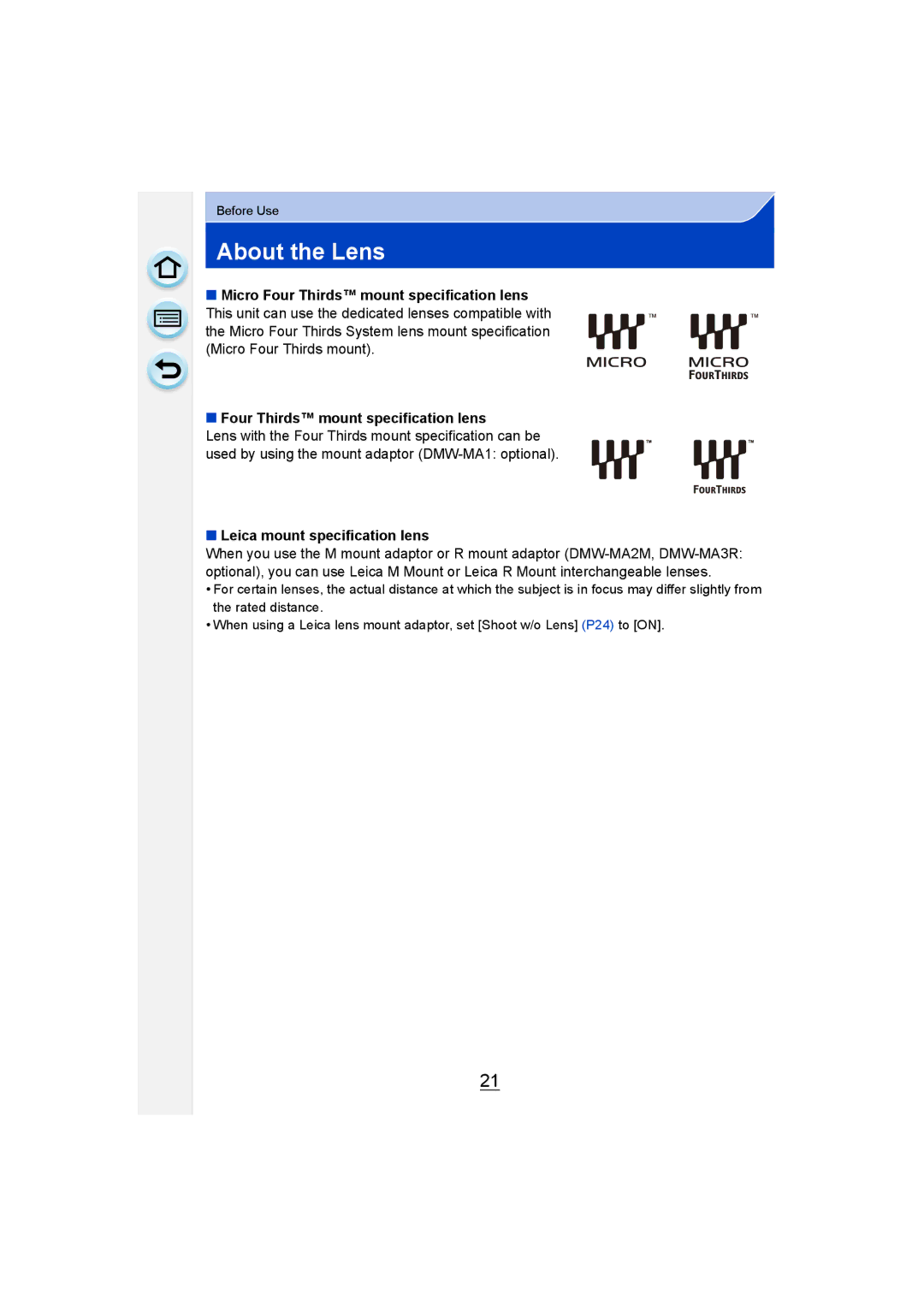 Panasonic DMC-G6 owner manual About the Lens, Micro Four Thirds mount specification lens, Leica mount specification lens 