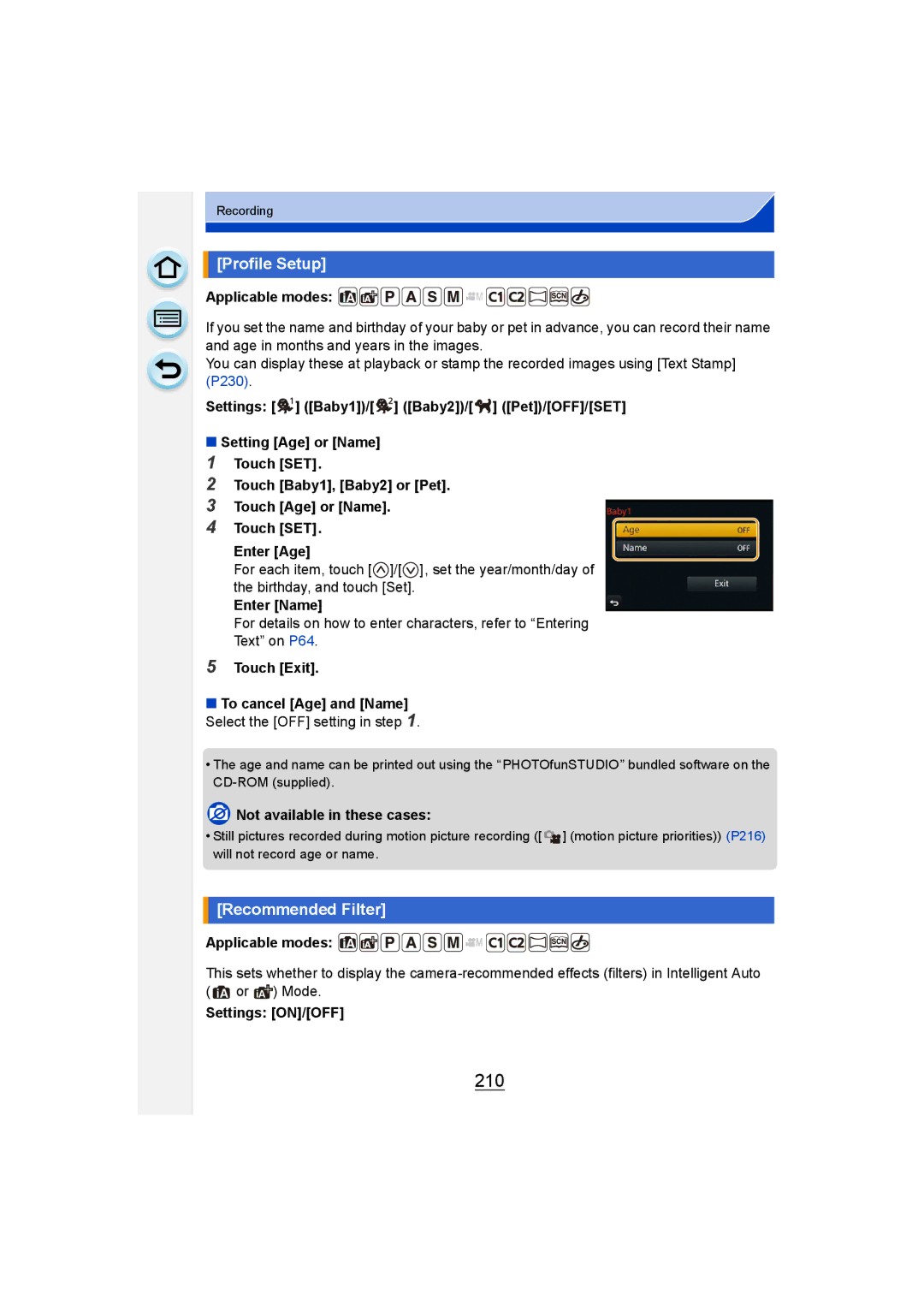 Panasonic DMC-G6 owner manual 210, Profile Setup, Recommended Filter, Enter Name 