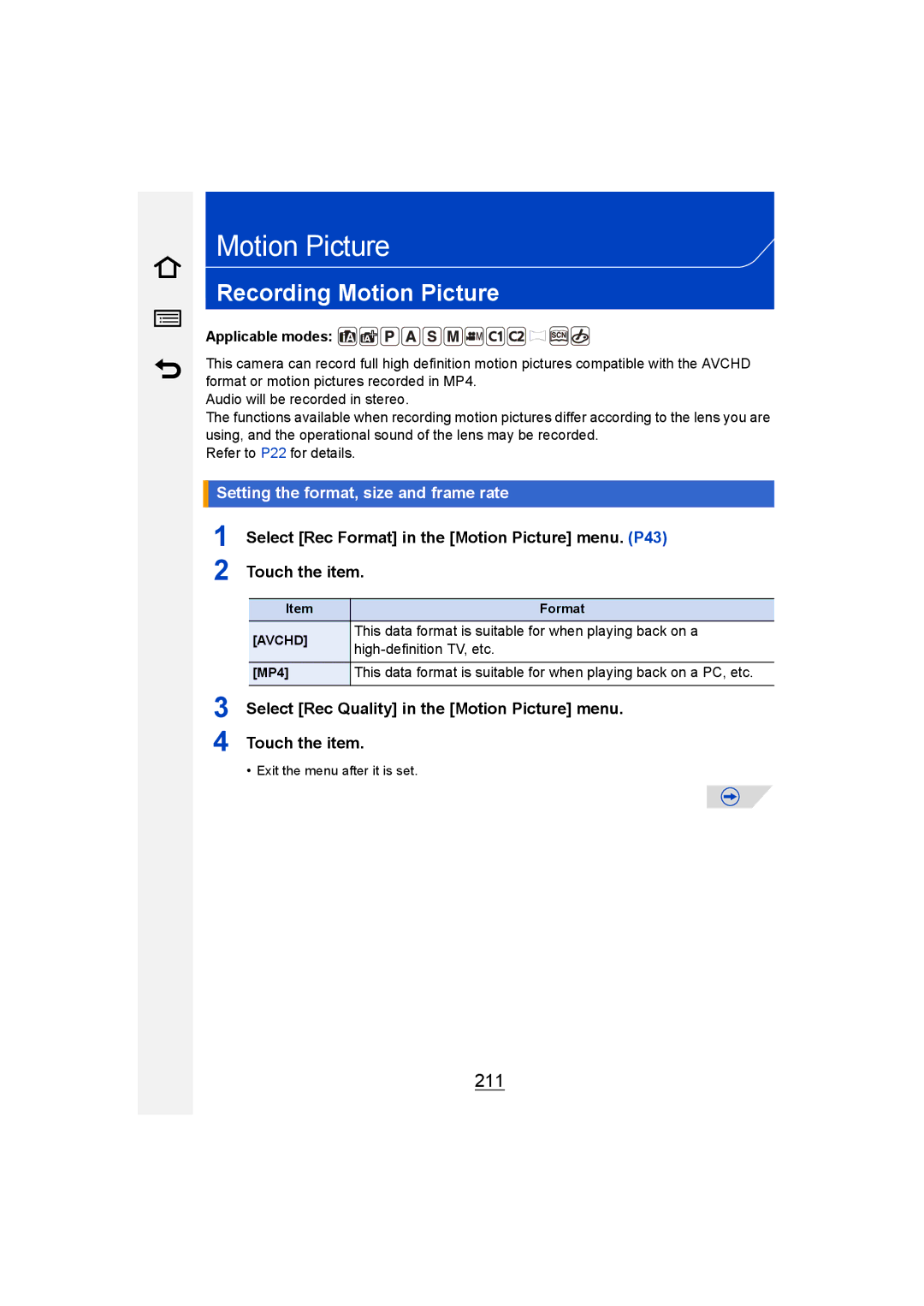 Panasonic DMC-G6 211, Setting the format, size and frame rate, This data format is suitable for when playing back on a 