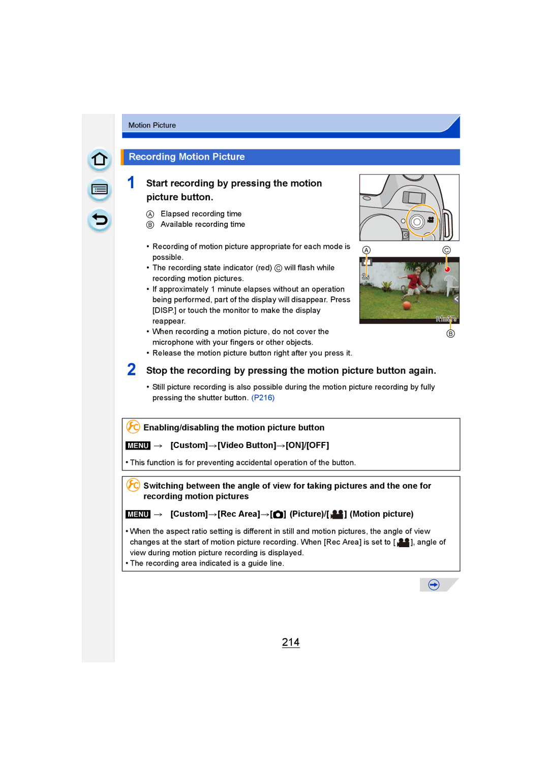 Panasonic DMC-G6 owner manual 214, Recording Motion Picture 