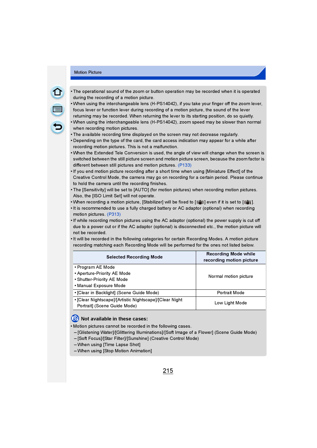 Panasonic DMC-G6 owner manual 215, Selected Recording Mode Recording Mode while 