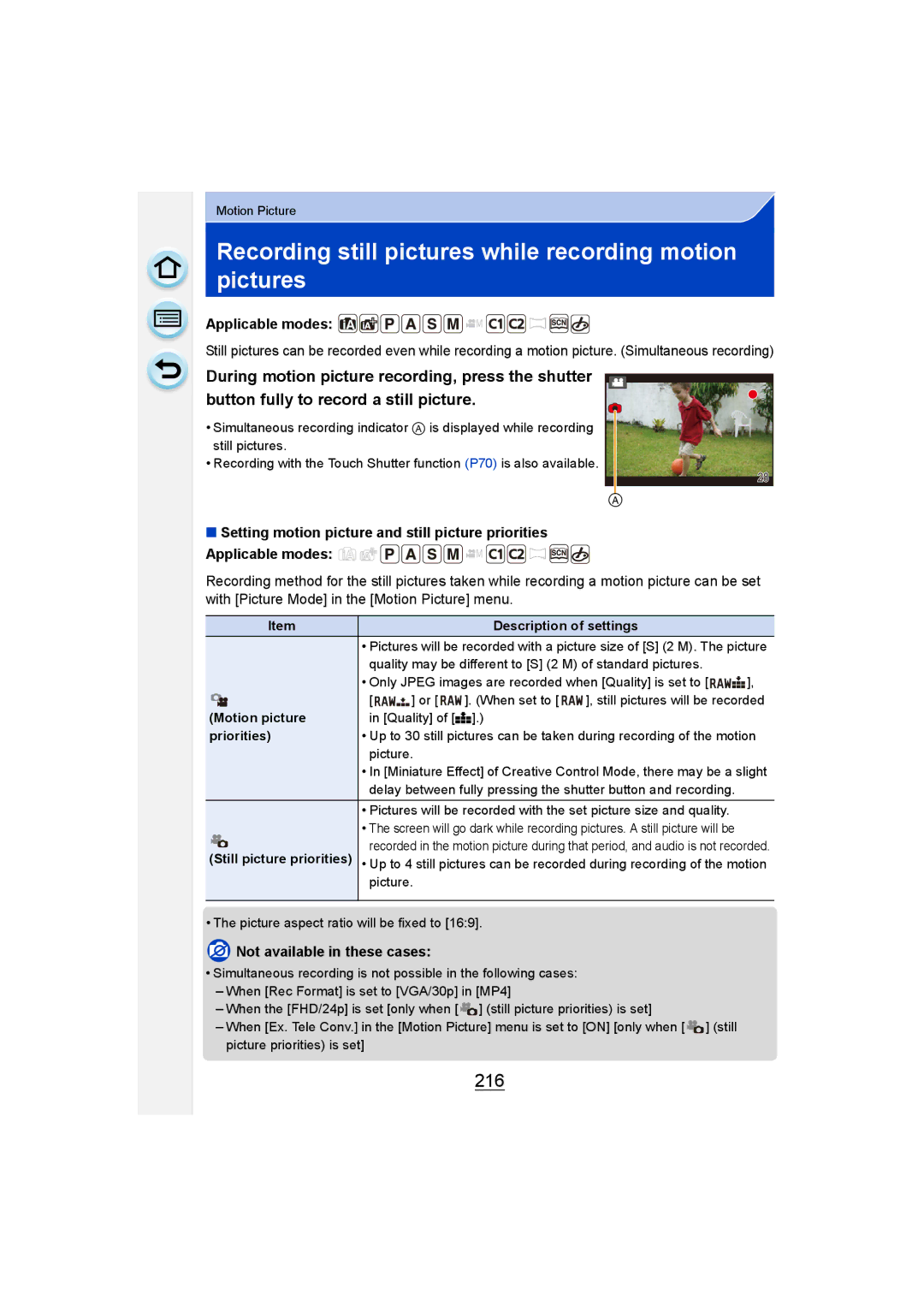 Panasonic DMC-G6 owner manual Recording still pictures while recording motion pictures, 216, Motion picture, Priorities 