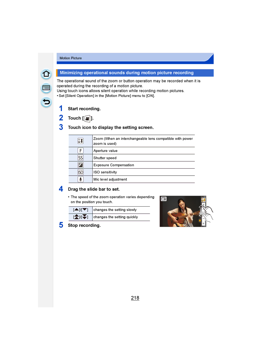 Panasonic DMC-G6 owner manual 218, Touch icon to display the setting screen, Drag the slide bar to set 