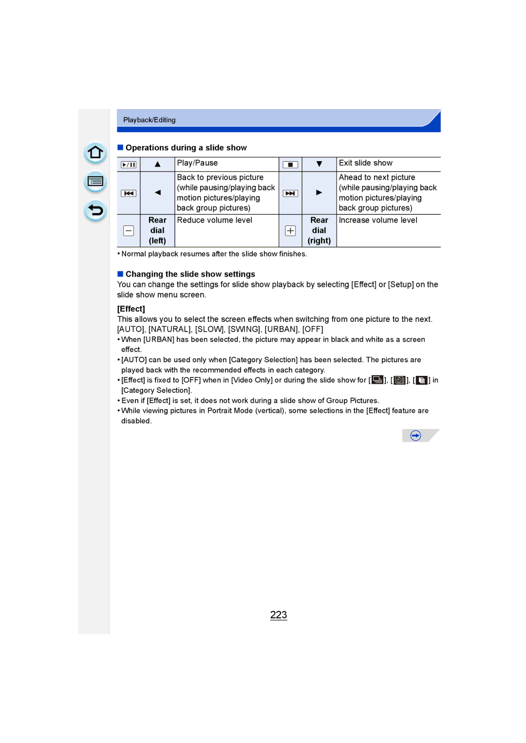 Panasonic DMC-G6 owner manual 223, Operations during a slide show, Dial, Changing the slide show settings, Effect 