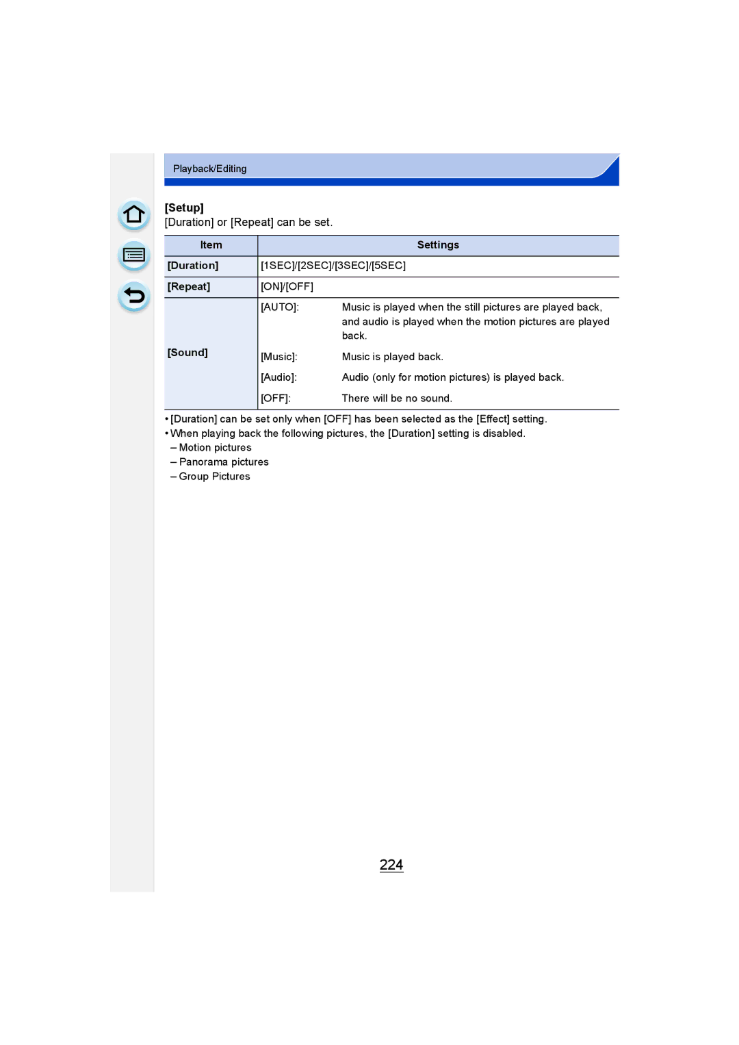 Panasonic DMC-G6 owner manual 224, Duration or Repeat can be set 