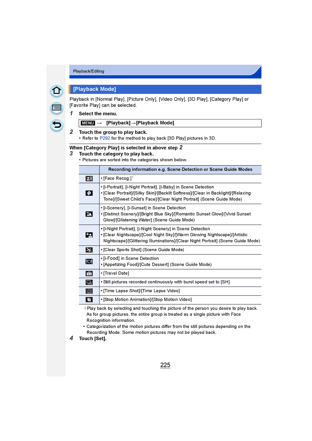 Panasonic DMC-G6 owner manual 225, Playback Mode 