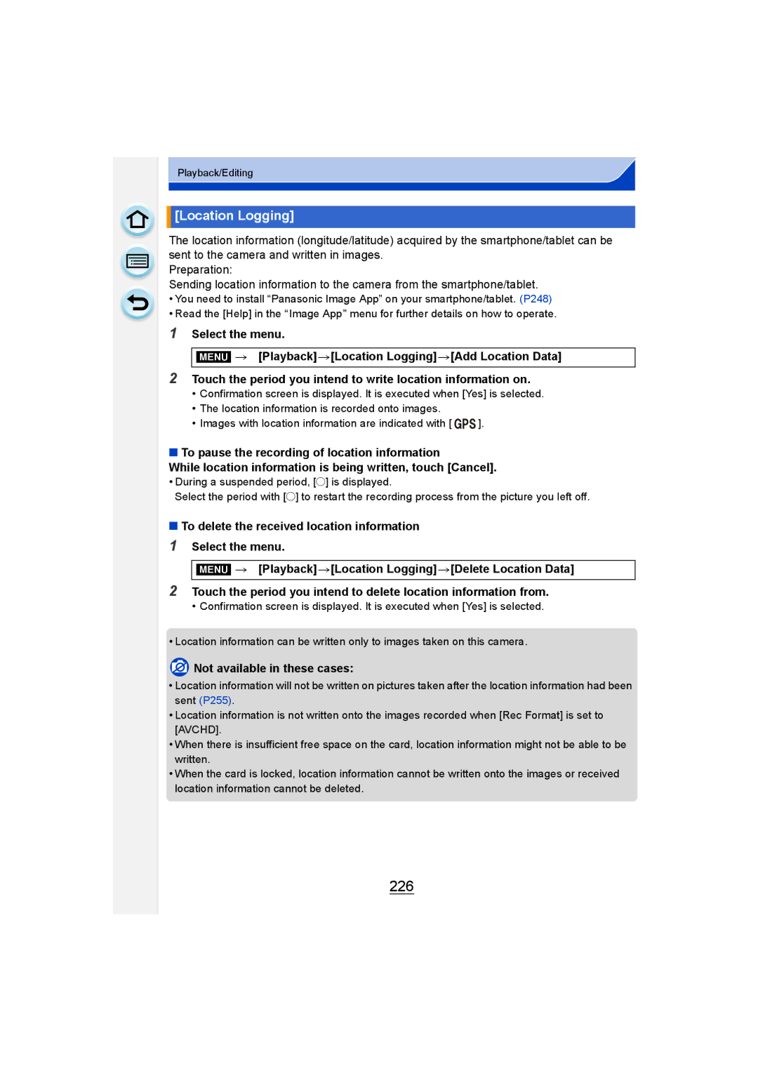 Panasonic DMC-G6 owner manual 226, Location Logging 