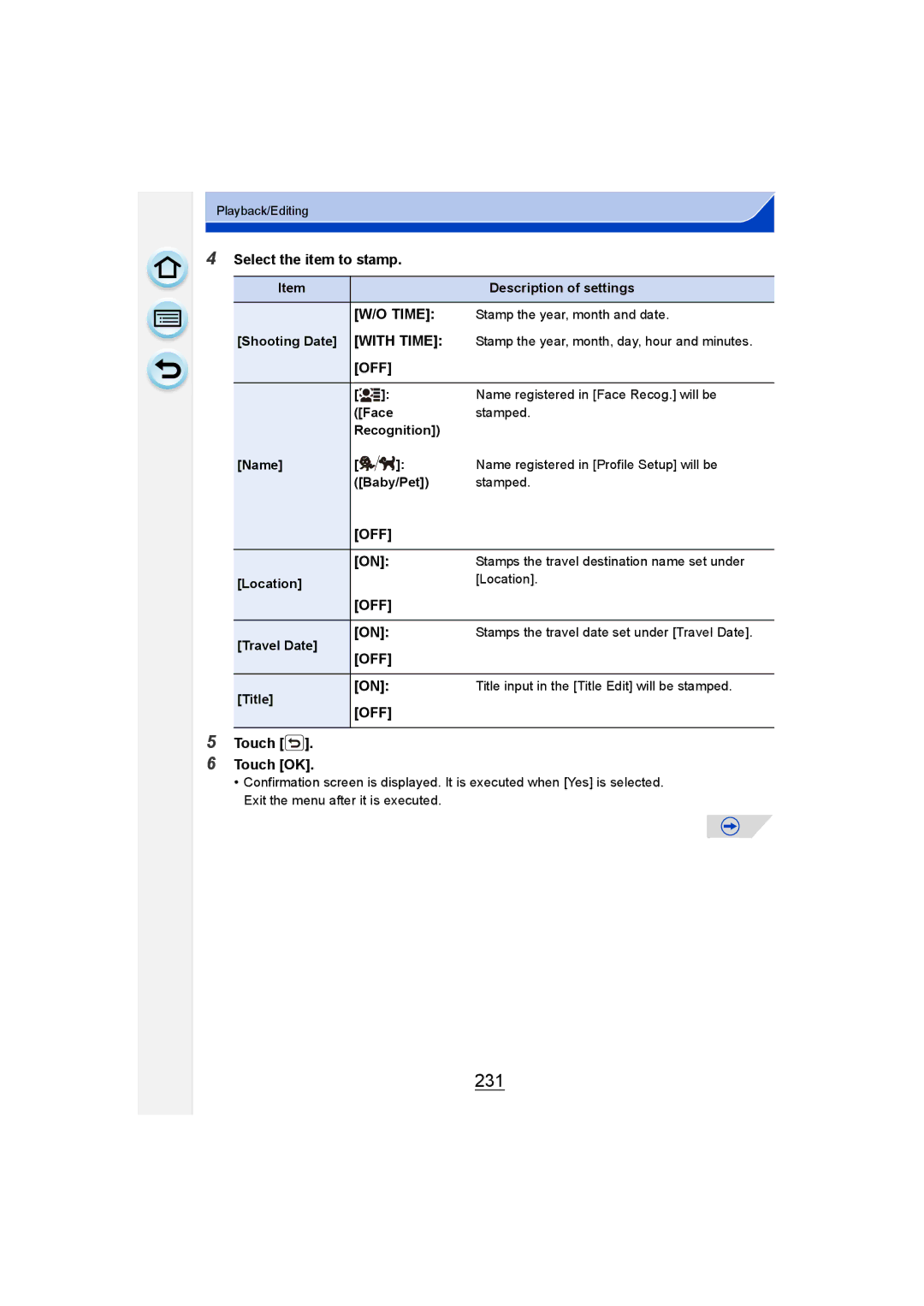 Panasonic DMC-G6 owner manual 231, Select the item to stamp, Touch Touch OK 